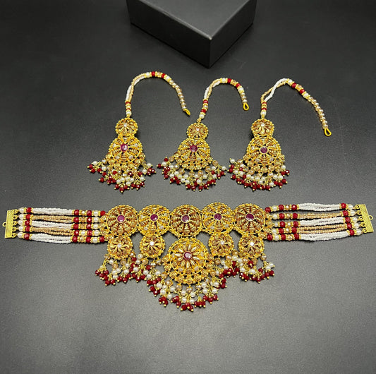 Exquisite Handcrafted Antique Gold Choker Set with Ruby Accents and Pearl Beading