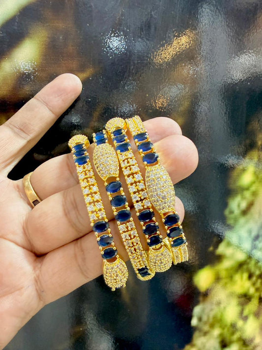 Elegant Oval Gemstone & Zircon Studded Bangle Set – Premium Gold and Silver Finish Handcrafted Jewelry