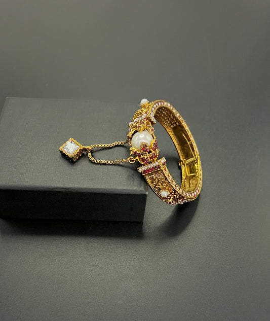 Royal Pearl & Gemstone Kada Bangle with Solitaire Charm