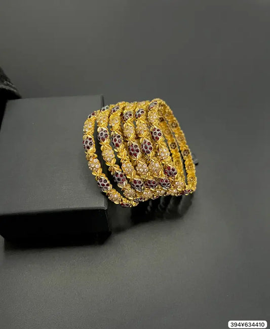 Regal Gold-Plated Floral Bangles Set – Handcrafted with Ruby and Diamond-Polished Stones