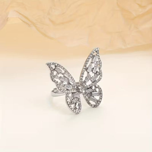 Exquisite Sparkling Oversized Butterfly Ring – Silver-Tone Filigree Statement Jewelry with Baguette & Round Cubic Zirconia
