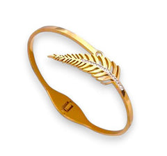 Elegant Leaf Silhouette Bangle – 18K Gold Plated Crystal Encrusted Feather Cuff Bracelet