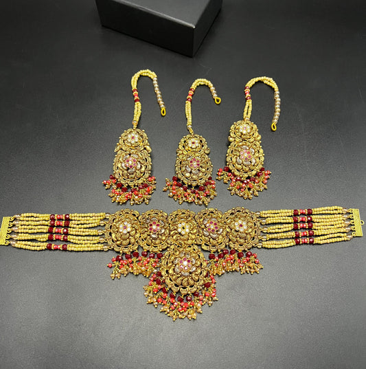 Exquisite Handcrafted Antique Gold Choker Set with Ruby Accents and Pearl Beading
