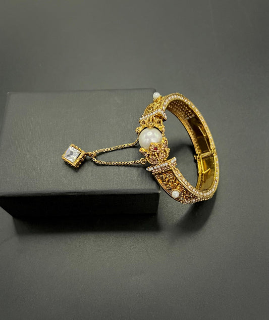 Royal Pearl & Gemstone Kada Bangle with Solitaire Charm
