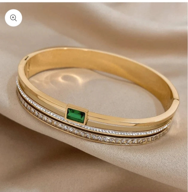 Stainless Steel Green Stone Bangle