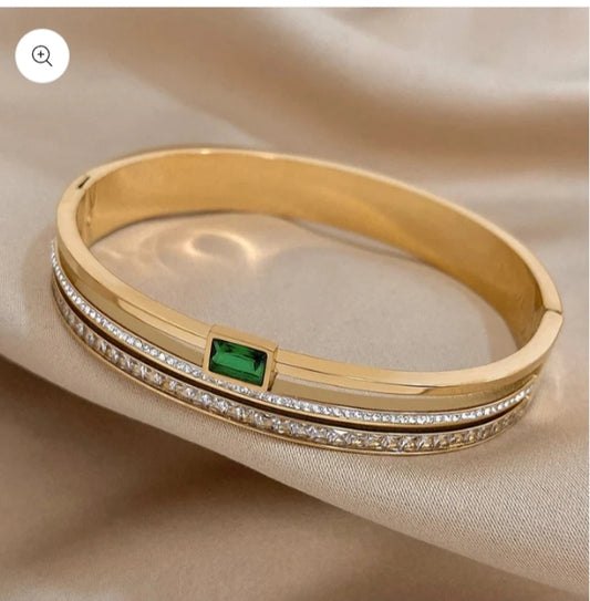 Stainless Steel Green Stone Bangle