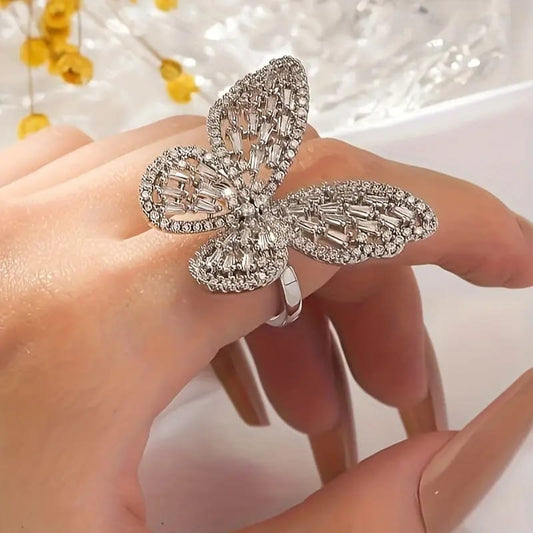 Exquisite Sparkling Oversized Butterfly Ring – Silver-Tone Filigree Statement Jewelry with Baguette & Round Cubic Zirconia