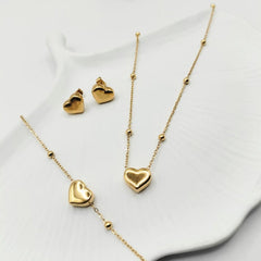 Minimalist Puffy Heart Station Necklace – Stainless Steel Gold Heart Charm Jewelry