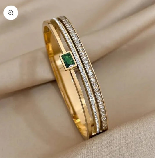 Stainless Steel Green Stone Bangle