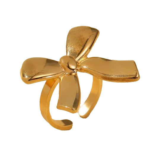 Gold Bow Ribbon Statement Ring – Adjustable Stainless Steel Chunky Knot Ring for Women